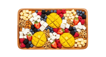 Isolated assortment of summer fruits, nuts and cheese on wooden tray for healthy diet