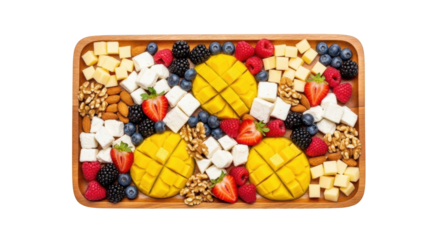 Isolated assortment of summer fruits, nuts and cheese on wooden tray for healthy diet