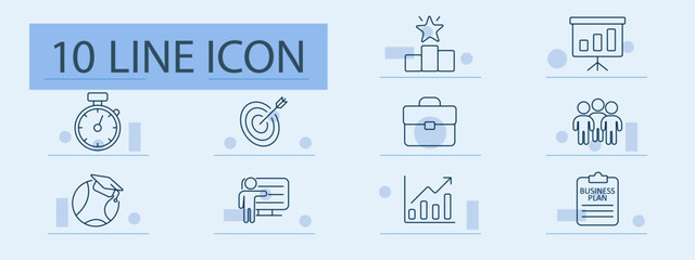 Business education set icon. Line icons showing stopwatch, target, podium, chart board, globe cap, teacher, briefcase, group, business plan, upward graph