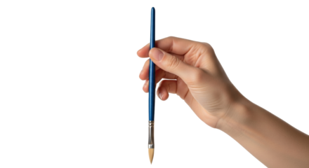 Isolated hand holding blue paint brush, artist tool for painting and drawing art project