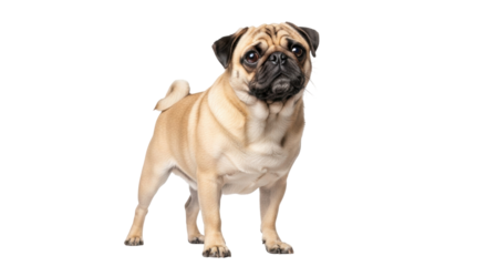 Isolated pug breed dog standing staring attentively in a studio looking at the camera