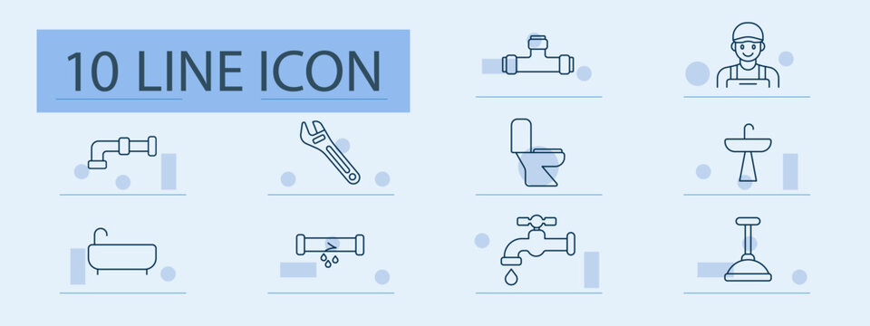 Plumbing set icon. Faucet, wrench, toilet, sink, pipe, bathtub, plunger, plumber, dripping, connection, bathroom, repair, leak, service, installation, flow, tool, drain, maintenance - Powered by Adobe