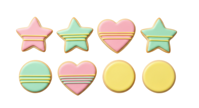 Isolated assortment of sugar cookies with pastel icing and stripes, festive decorations