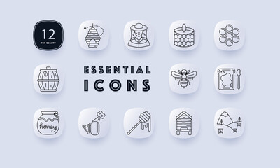 Apiary set icon. Icons show hive, beekeeper, honey jar, dipper, honeycomb, bee, comb frame, spoon, barrel, smoke tool, field house, and hexagon cells in rounded style.