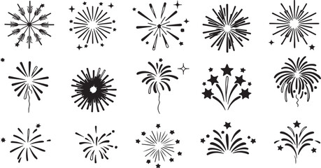 Collection of various black and white stylized firework explosion icons and symbols