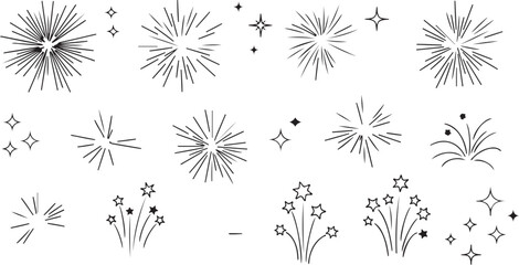 Set of various handdrawn firework burst icons and star shapes