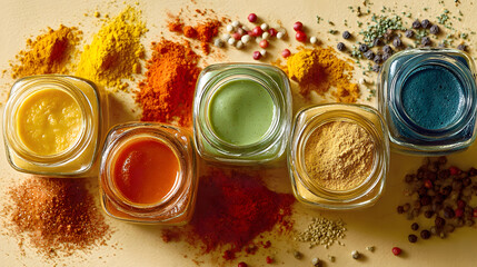 A vibrant top-down shot of colorful sauces and powders in glass jars arranged on a table, including yellow, green, and red hues