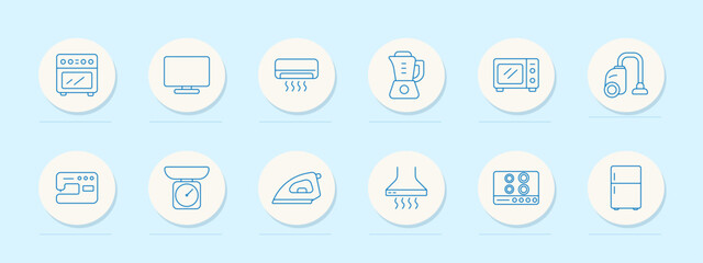 Home appliances set icon. Oven, monitor, air conditioner, blender, microwave, vacuum, sewing machine, kitchen scale, iron, hood, stove, refrigerator.