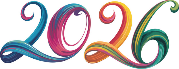 2026 Brush Stroke Lettering Vector, Colorful Hand-Drawn Typography, Abstract Swirl Design, Artistic New Year Celebration Graphic, Calendar Cover, and Invitation Element.