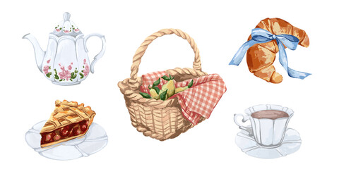 Hand-drawn picnic clipart. Basket, croissant, pie, teapot, cup
