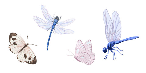 Hand-drawn butterflies and dragonflies clipart set