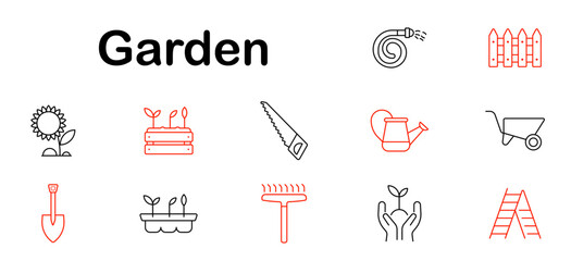 Garden set icon. Sunflower, hose, shovel, rake, watering can, fence, crate, sprout, hands, wheelbarrow, saw, tool, soil, planting, ladder, grow, home, bloom.
