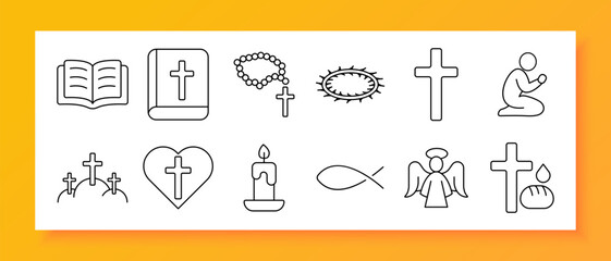 Christianity set icon. Bible, cross, prayer, angel, fish, rosary, candle, faith, worship, church, heart, crown, believer, bread, religion, hope, salvation, peace, grace, devotion.