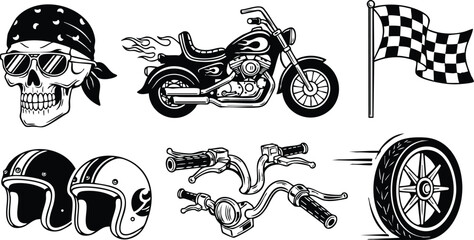 Skull with bandana and sunglasses motorcycle design elements with vintage helmet, racing wheel and checkered flag illustrations