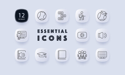 E-learning set icon. Globe, chat, student desk, speaker, video play, instructor, cap, presentation screen, learners drawn in outline distance education style.