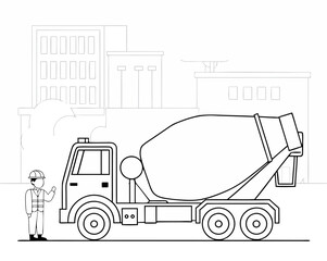 Line art cement truck construction worker standing next to mixer drum city background