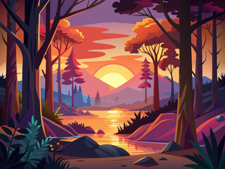Vibrant forest river scene at sunset mountains glow with warm twilight colors