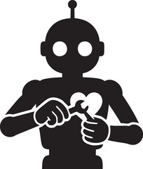 Robot repairing its own heart silhouette vector