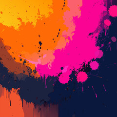 Abstract splatter background with overlapping shapes of yellow orange and hot pink