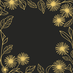 Elegant floral frame border with golden yellow line art flowers on black background