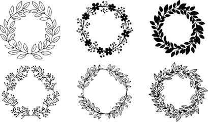 Obraz premium Six black and white floral wreath designs with leaves and flowers in round shapes for decorative use