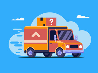 Fast moving delivery truck carrying packages with question mark under blue sky