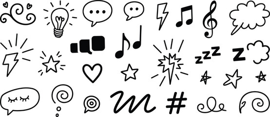 Hand Drawn Doodle Icons Set, Sketchy Comics Symbols, Light Bulb Idea, Music Notes, Lightning Bolts, Speech Bubbles, Hearts, Stars, and Sleep Zzz Graphics.