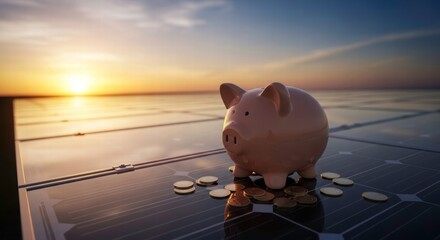 Solar Savings: A pink piggy bank sits proudly on a photovoltaic panel, with scattered coins glistening under the radiant glow of the setting sun, representing a sustainable future.