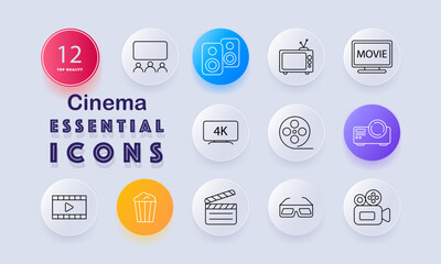 Cinema set icon. Audience screen, speakers, retro TV, movie display, 4K screen, film reel, projector, play frame, popcorn, clapperboard, glasses, video camera