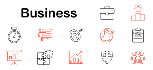 Business set icon. Briefcase, chart, plan, puzzle, team, stopwatch, goal, growth, manager, learning, strategy, progress, profit, shield, insurance, meeting.