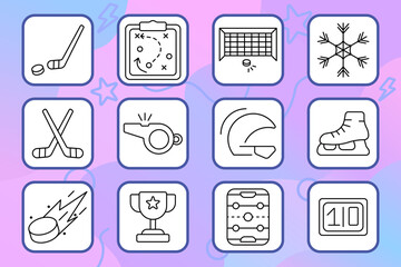 Hockey set icon. Stick, puck, helmet, whistle, trophy, rink, strategy, scoreboard, skate, snowflake. Winter, sport, ice, team, competition.