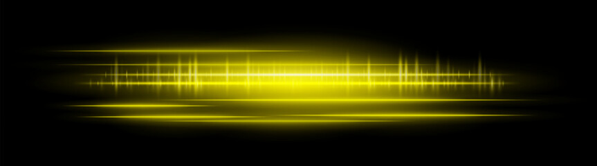 Horizontal golden glowing light streaks with motion blur and bright reflections. Perfect for overlays, visual effects, modern design, and digital highlights.