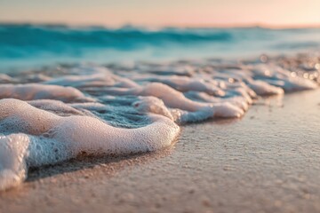 Soft foam along a sandy shoreline under warm golden-hour light
