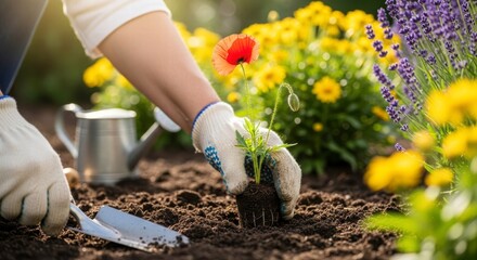Cultivating Blooms: A focused close-up captures a gardener's hands meticulously planting a seedling amid a vibrant array of flowering plants, symbolizing care and the nurturing of life.
