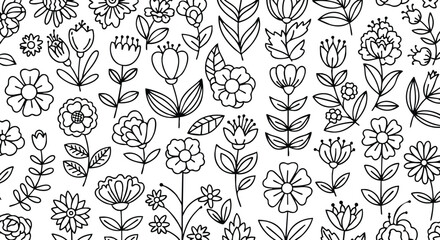 Fototapeta premium Black and white line art floral pattern with various hand-drawn flowers and leaves in seamless arrangement for coloring or design purposes