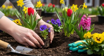 Nurturing Nature's Canvas: A close-up captures a gardener's hands delicately planting vibrant flowers, their touch shaping a colorful landscape of growth and renewal.