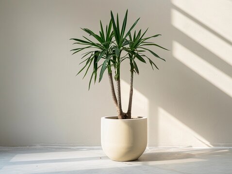 Potted green plant in a minimalist room with sunlight casting shadows