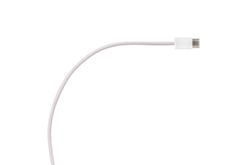 A white fabric-braided USB Type-C cable isolated on a transparent PNG. Ideal for concepts related to business technology, data transfer, connectivity and fast charging for modern devices.