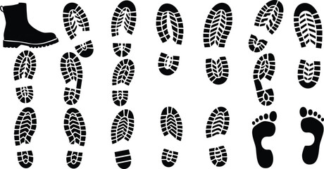 Black boot and bare footprints with distinct patterns on white background for tracking or identification
