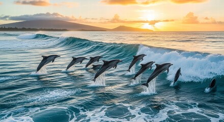 Ocean Symphony: A pod of dolphins leaps joyfully through the crashing waves under the radiant glow of a sunrise. It captures nature's beauty and the animals' freedom.