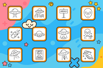 UFO set icon. Alien, spaceship, meteor, sighting, abduction, poster, planet, sky, area51, beam, human, mystery extraterrestrial and space discovery theme