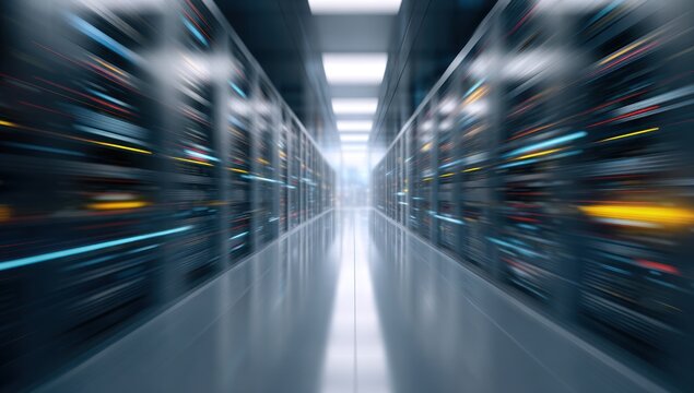 Server room aisle with motion blur and glowing data streams.
