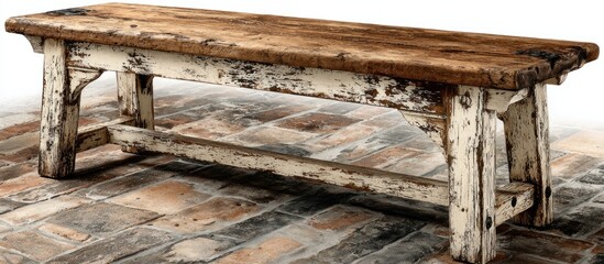 Weathered, wooden bench with peeling paint, set on a textured brick floor