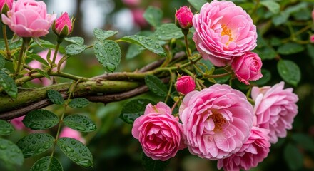 Pink Rose Blossom: Delicate pink rose blossoms and buds unfurl, adorned with raindrops, their petals whispering stories of beauty and resilience.