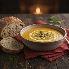 Creamy Pumpkin Soup with Pepitas and Sourdough Bread