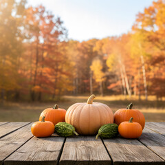 Autumn Harvest Display on Rustic Wooden Table