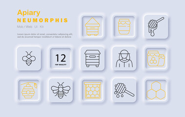 Apiary set icon. Line icons include beehive, bee, jar, honey dipper, honeycomb, beekeeper, frame, hive box, droplets, and hexagon shapes in a soft neumorphic style.