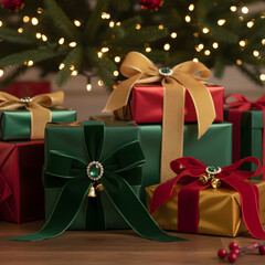 Elegant Red Green and Gold Christmas Presents Under a Tree