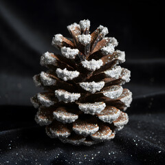 Frosted Pinecone with Glitter on Black Background