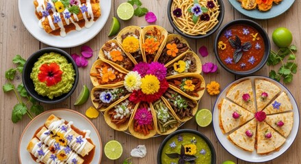 Gourmet Meal: An enticing spread of colorful and delectable dishes, each artfully arranged and bursting with flavors. The scene invites viewers to savor and delight in the culinary world. 